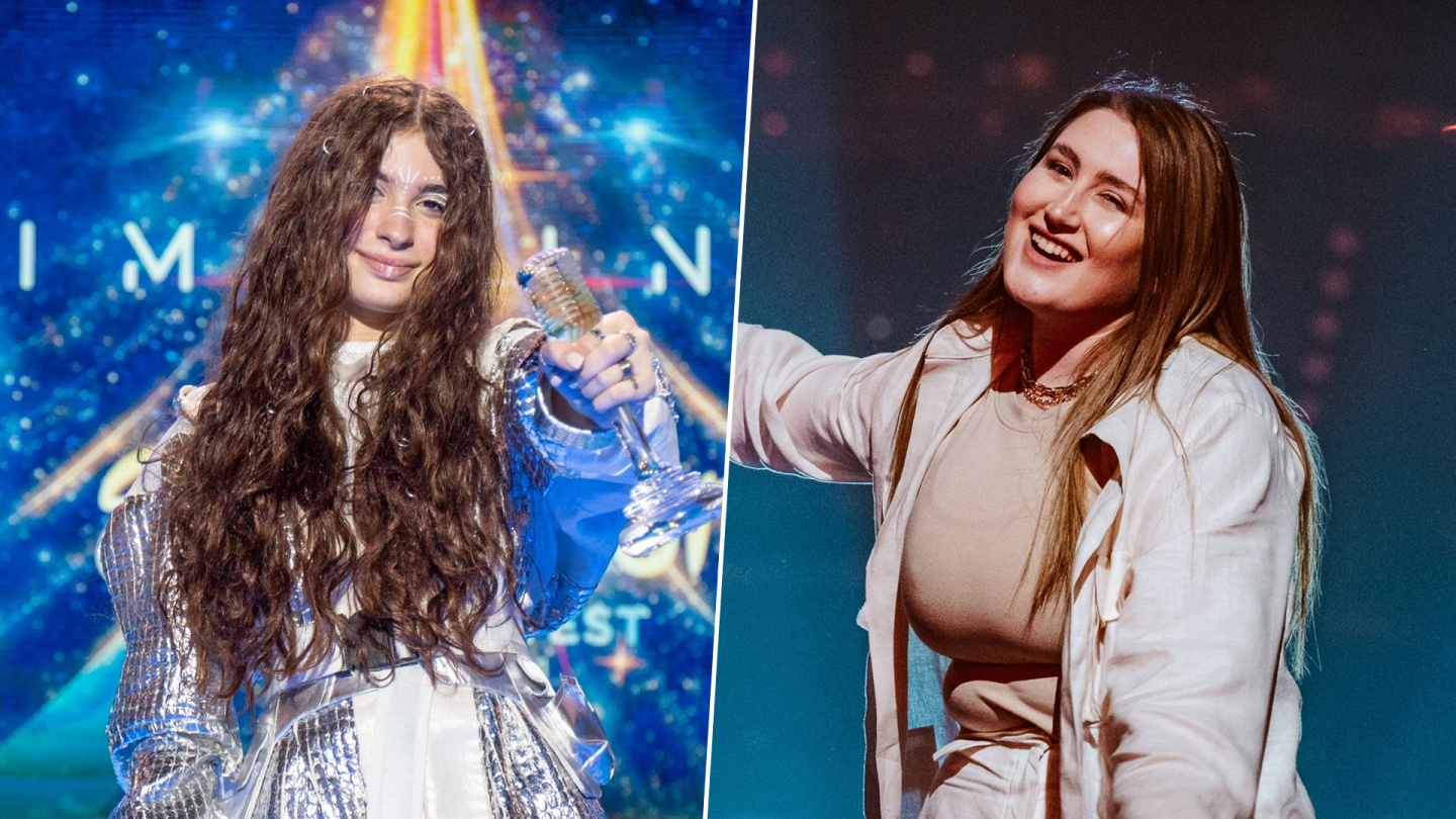 Maléna (left) poses with Junior Eurovision trophy / Rosa Linn (right) performing Snap at the Eurovision Song Contest in 2022